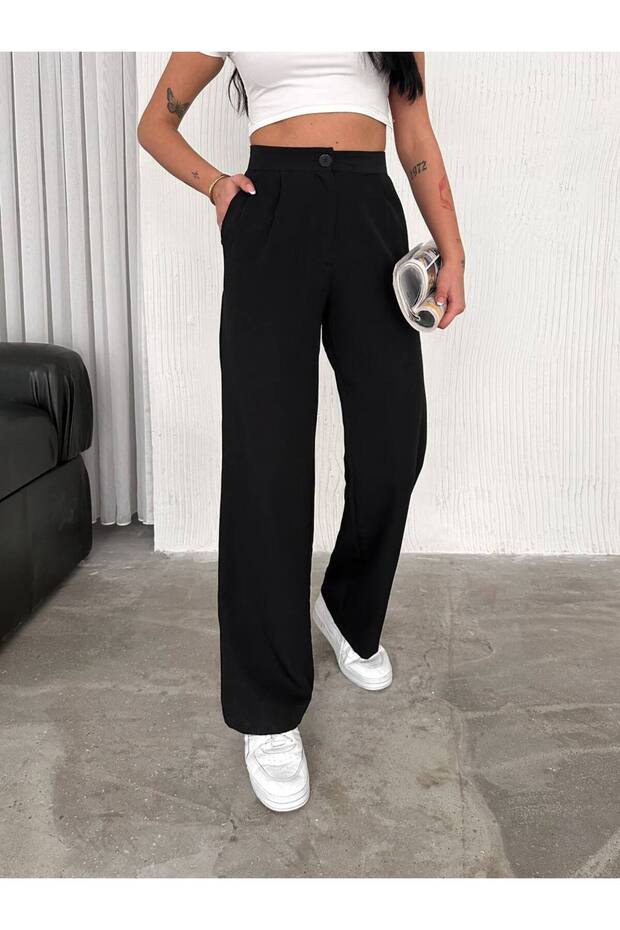 Single Button Wide Leg Basic Trousers - 1