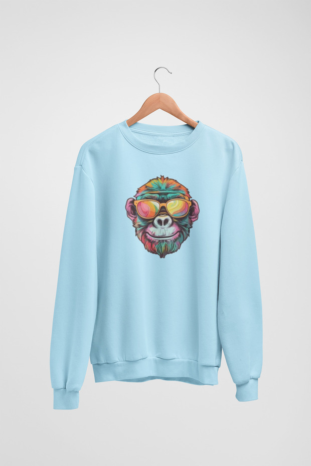 Unisex Long Sleeve Colorful, Gogged Gorilla Transfer Printed Crew Neck Sweatshirt