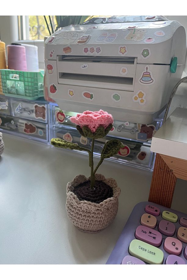 El Yapımı Örgü Saksıda Pembe Gül,Örgü Solmayan Çiçek,Doğum Günü Hediyesi,Masaüstü Hediyelik Çiçek - 8
