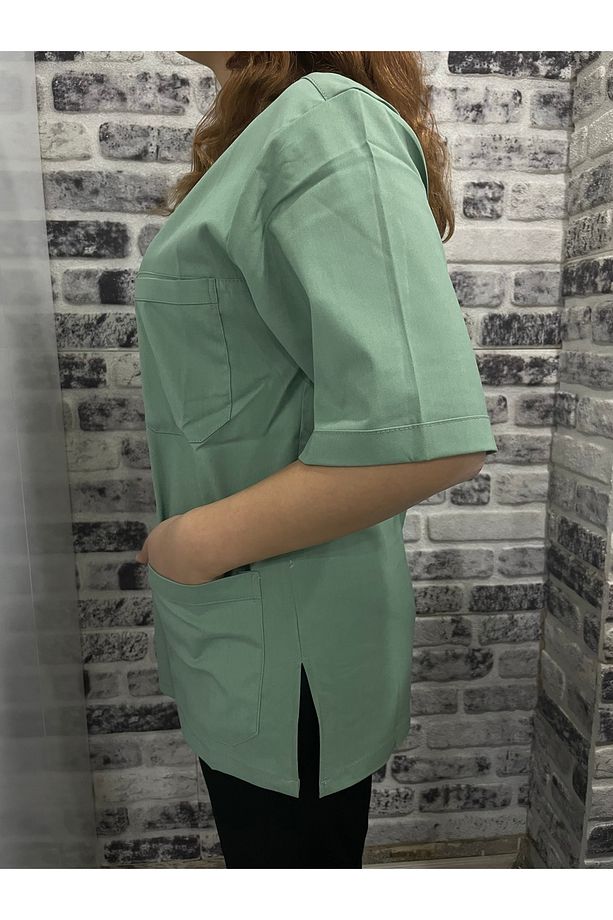 Üniforma Likralı Unisex Su Yeşili Doktor Hemşire Aşçı Cerrahi Forma Tek Üst ( Geniş Kalıp ) - 2
