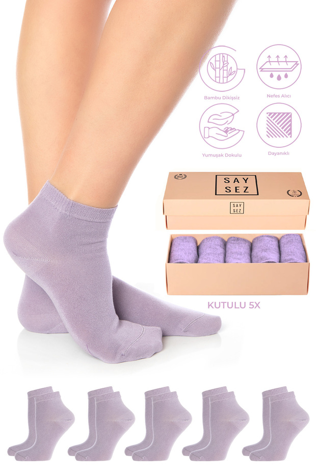 Bamboo Women's Half Socks Lilac-Light Purple Plain Socks Seamless Premium Boxed 5-Piece