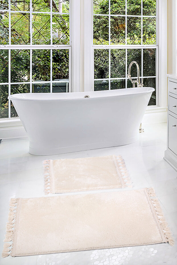 Relax Cream 2-Piece Cornered Bath Mat Set (60X100 + 50X60 cm) Non-Slip Toilet Seat
