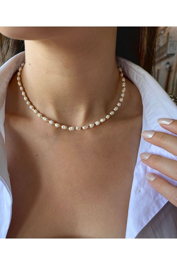 Küçük Inci ,3 Mm Gerçek Arpa Kum Inci Choker , Kolye Kare Altın Rengi Boncuklu Gerçek Inci Kolye - 3