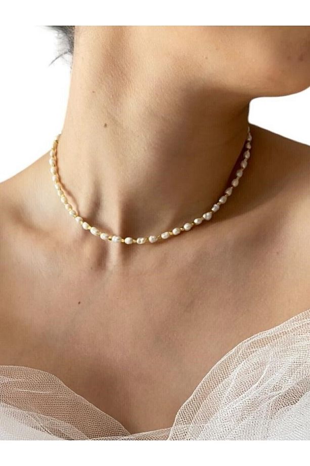 Küçük Inci ,3 Mm Gerçek Arpa Kum Inci Choker , Kolye Kare Altın Rengi Boncuklu Gerçek Inci Kolye - 5