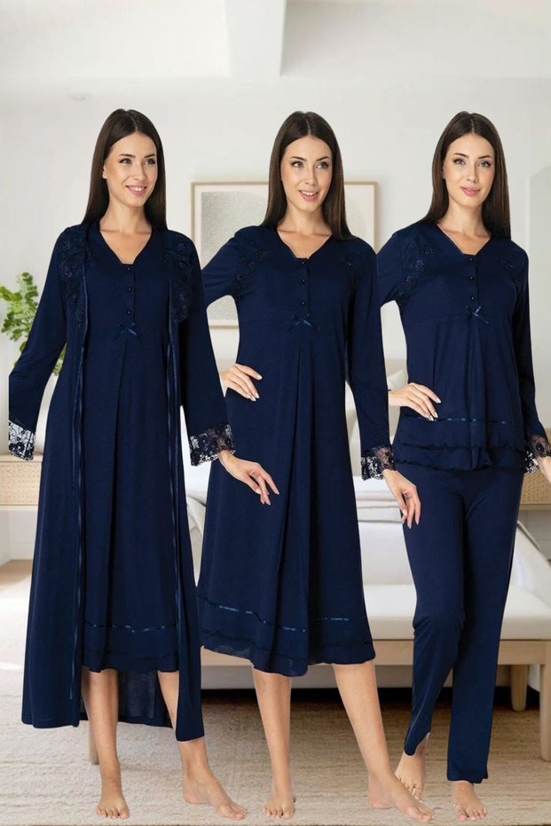 Maternity Lace Detailed Elegant Dressing Gown Pajama Set Primum 4-Piece Maternity Set [with Breastfeeding Section]