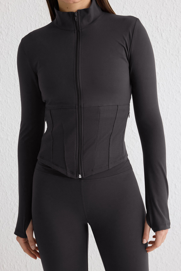 Antrasit Fırçalı Soft Kumaş Baş Parmak Delikli Örme Spor Ceket/Sweatshirt THMAW25SK00001 - 3
