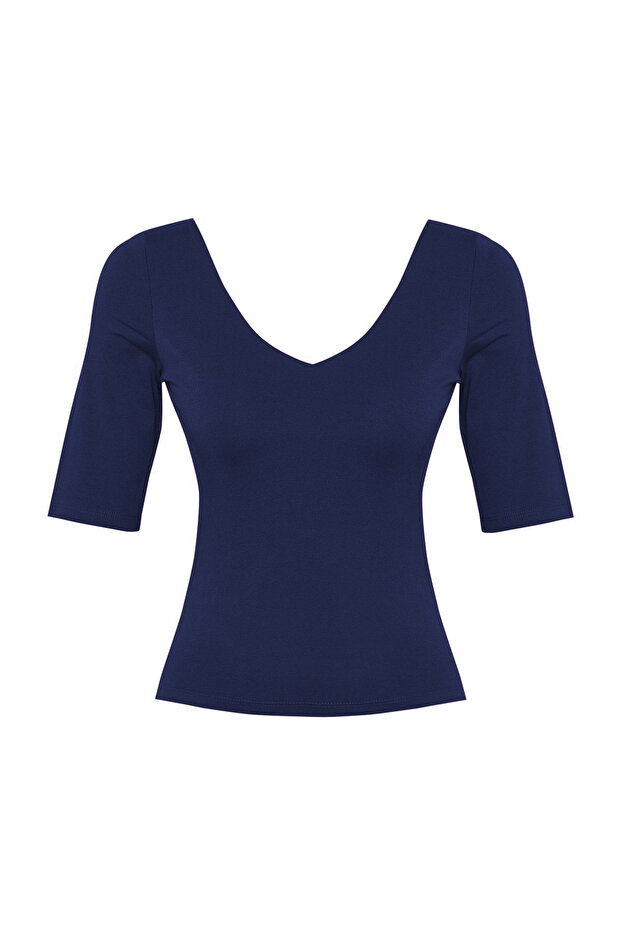 Lacivert Fitted/Vücuda Oturan V Yaka Sırt Dekolteli Esnek Örme Bluz TWOSS25BZ00083 - 6