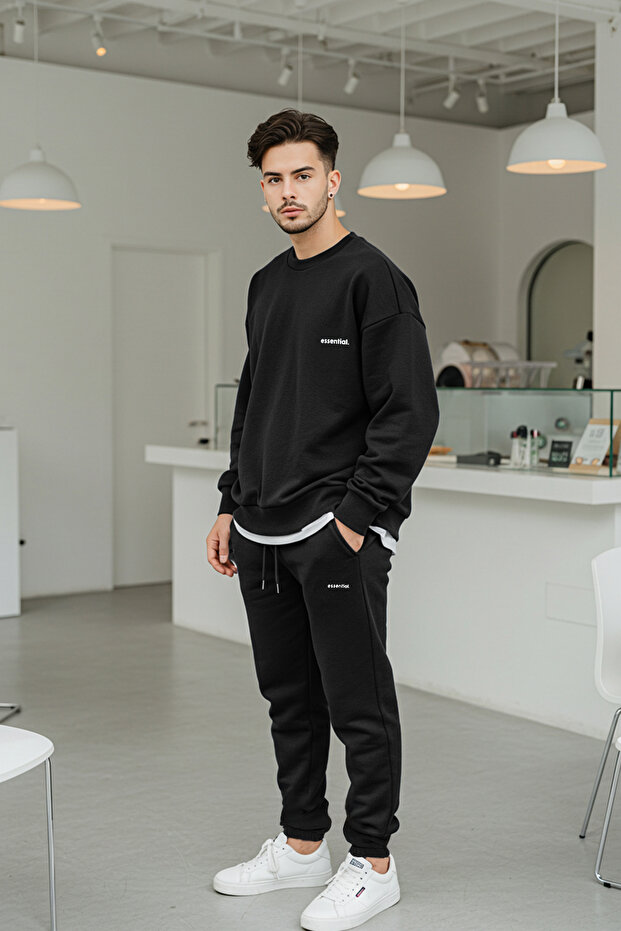 Siyah Regular Kesim Yazı Baskılı Sıcak Tutan Sweatshirt Eşofman Takım TMNAW24EM00004 - 2
