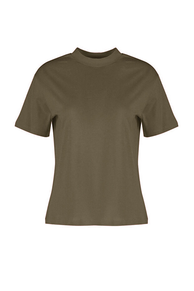 Koyu Haki %100 Pamuk Basic Regular/Normal Kalıp Dik Yaka Örme T-Shirt TWOAW20TS0096 - 7