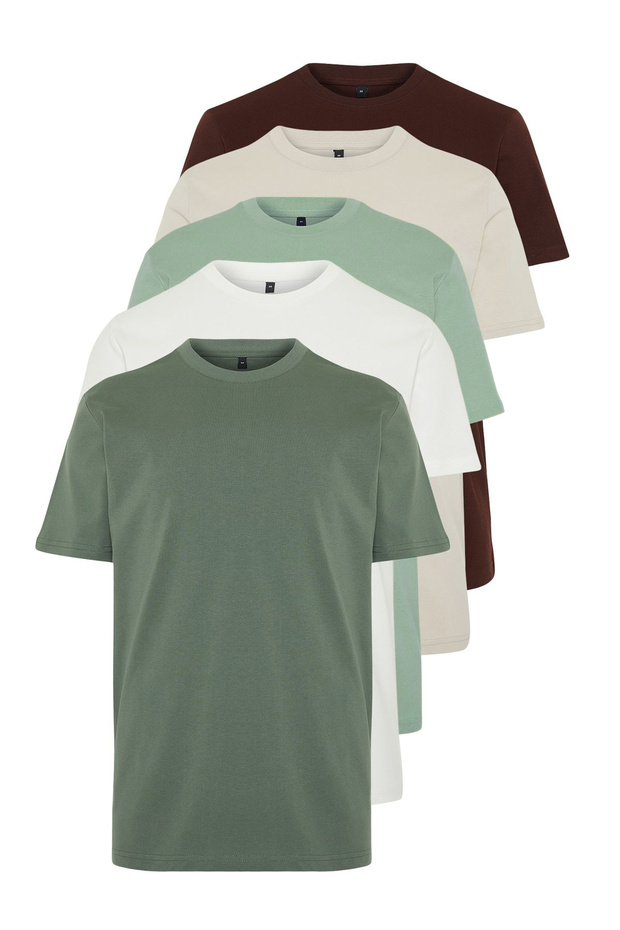 Unisex Mint-Haki-Kahverengi Slim/Dar Kesim 5'li Paket %100 Tok Kumaş T-shirt TMNAW20TS0243 - 12