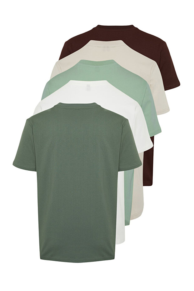 Unisex Mint-Haki-Kahverengi Slim/Dar Kesim 5'li Paket %100 Tok Kumaş T-shirt TMNAW20TS0243 - 11