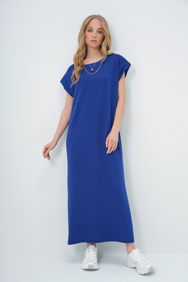 Women's Navy Blue Crew Neck Shoulder Padded Knitted Summer Dress Alc-X13574
