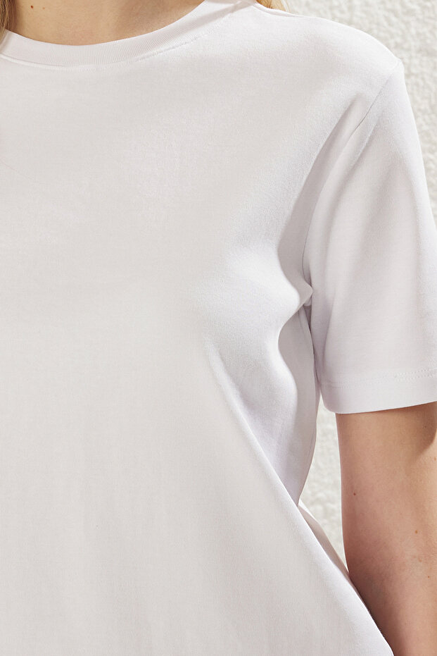 Ekru Kalın Pamuklu Tok Kumaşlı Bisiklet Yaka Kısa Kol Regular Kesim Örme T-Shirt TWOSS25TS00002 - 6