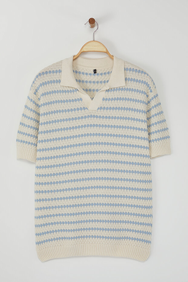 Ekru Regular Çizgili Dokulu Triko Polo Yaka T-shirt TMNSS25PO00007 - 3