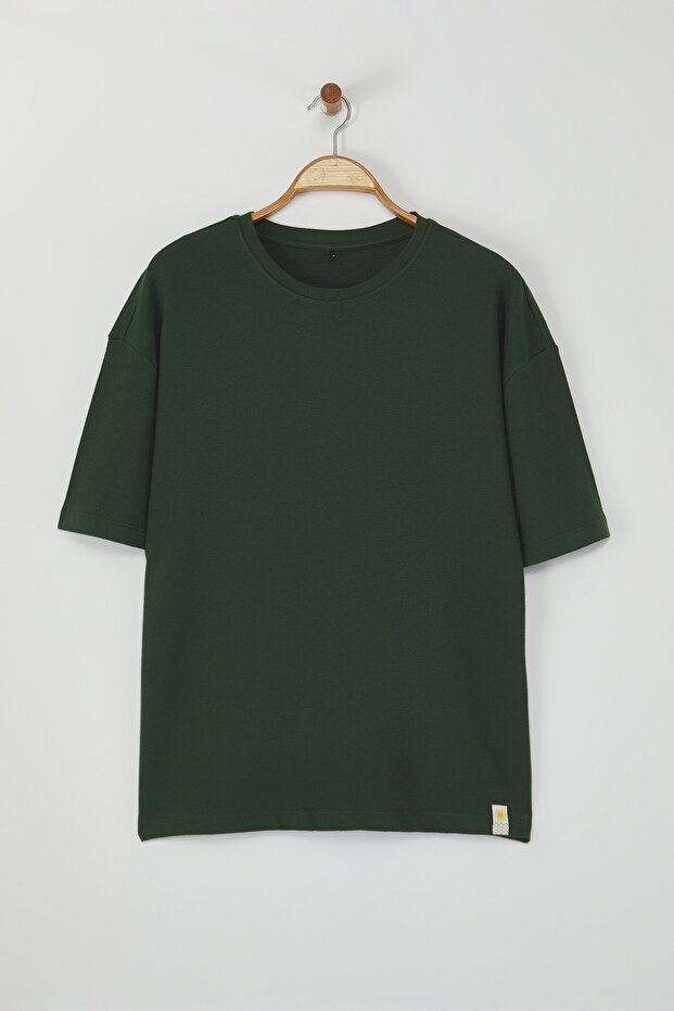 Haki Oversize/Geniş Kesim Etiket İşlemeli Dokulu Tok Kumaş T-shirt TMNSS23TS00074 - 7