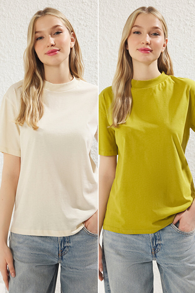 Yağ Yeşili-Açık Taş 2'li Paket %100 Pamuk Basic Dik Yaka Örme T-Shirt TWOSS20TS1500 - 1
