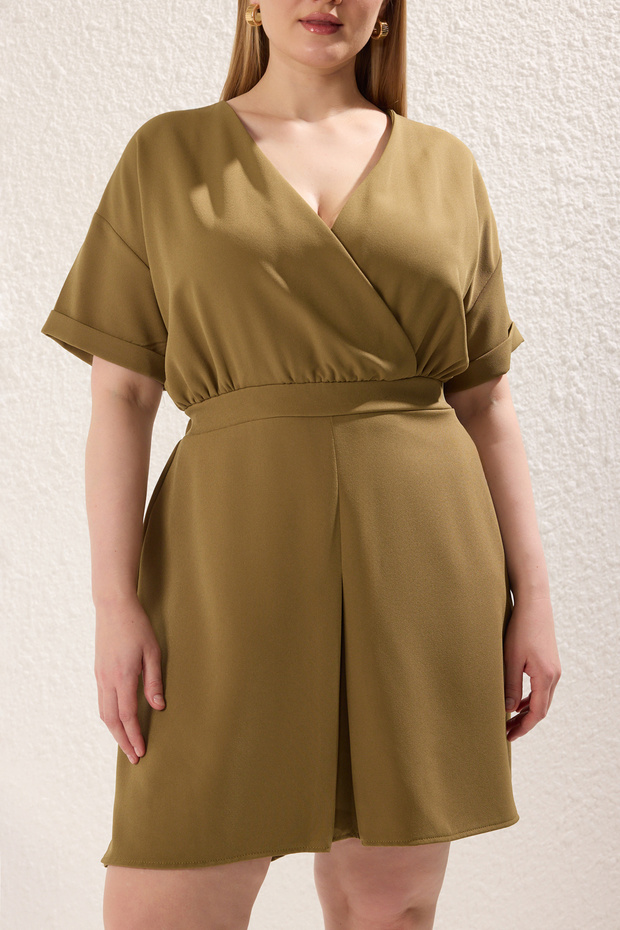 Khaki Dwurzędowy Kombinezon z Kołnierzykiem Tkany Plus Size Tbbss25Bg00006 - 3