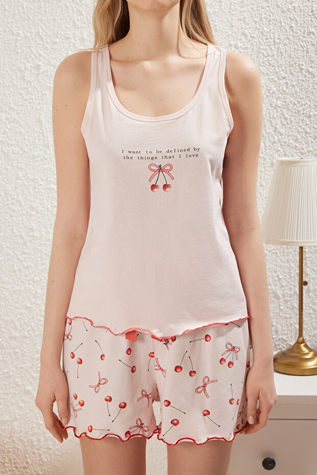 Pembe %100 Pamuklu Kiraz Desenli Kurdele/Fiyonklu Şortlu Örme Pijama Takımı THMSS25PT00186 - 3