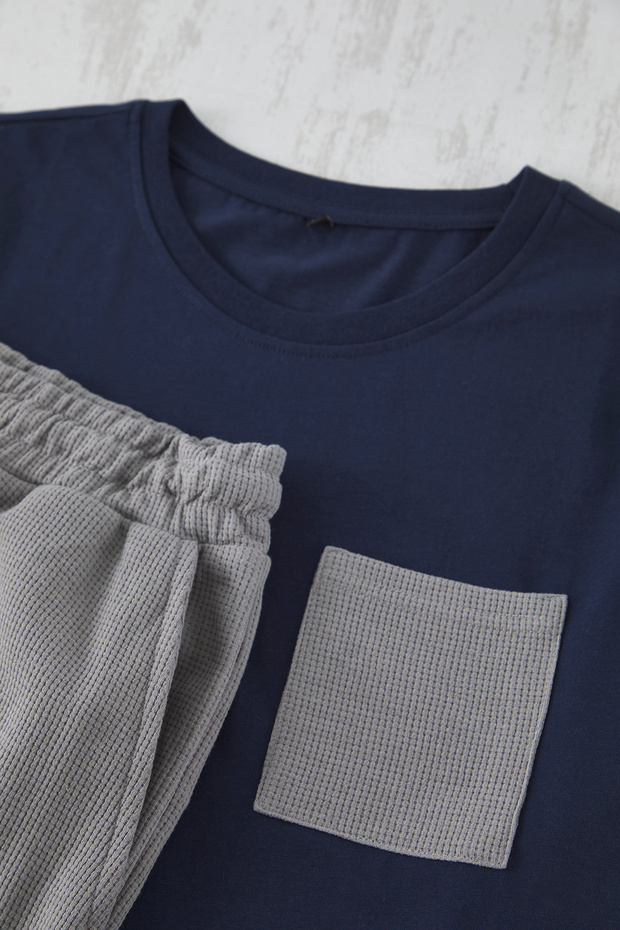 Lacivert Gri Regular Fit Dokulu Şortlu Örme Pijama Takımı TMNSS25PT00021 - 6