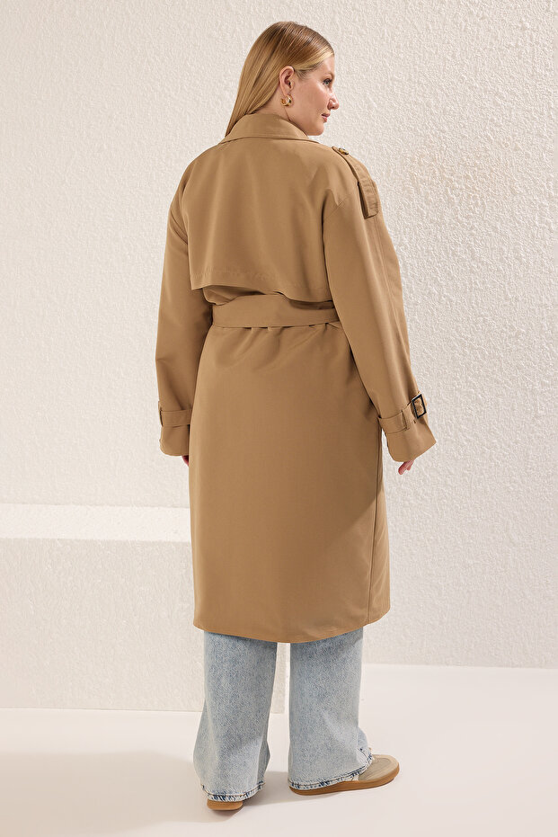 Bej Uzun Oversize Büyük Beden Trençkot TBBSS25BM00002 - 5
