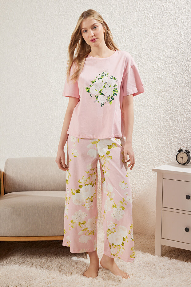 Pembe %100 Pamuklu Çiçekli Örme Pijama Takımı THMSS25PT00061 - 1
