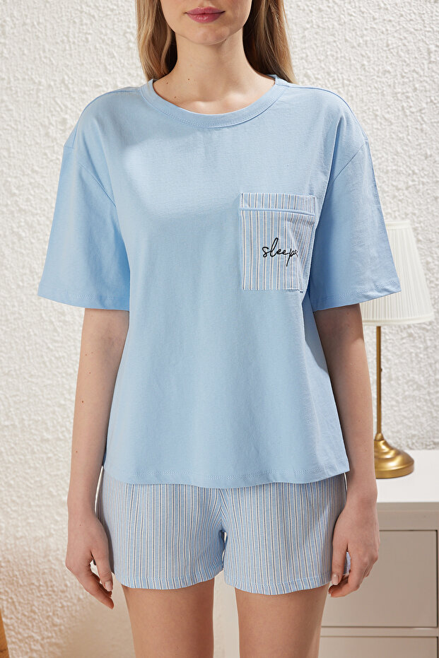 Mavi %100 Pamuklu Çizgili Sloganlı Şortlu Örme Pijama Takımı THMSS25PT00180 - 4