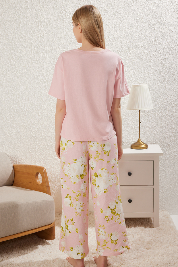 Pembe %100 Pamuklu Çiçekli Örme Pijama Takımı THMSS25PT00061 - 5