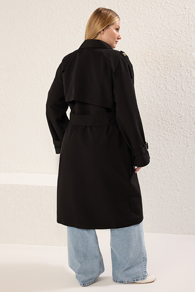 Siyah Uzun Oversize Büyük Beden Trençkot TBBSS25BM00002 - 5