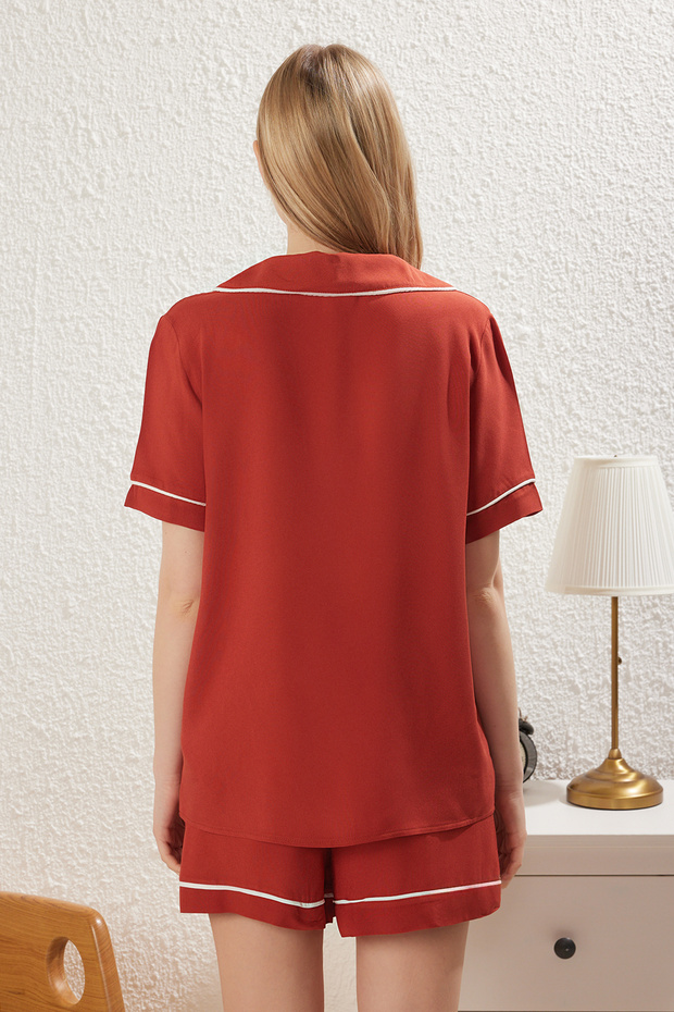 Kiremit/Kahverengi Palmiye Nakışlı Biyeli Viskon Şortlu Dokuma Pijama Takımı THMSS25PT00225 - 5