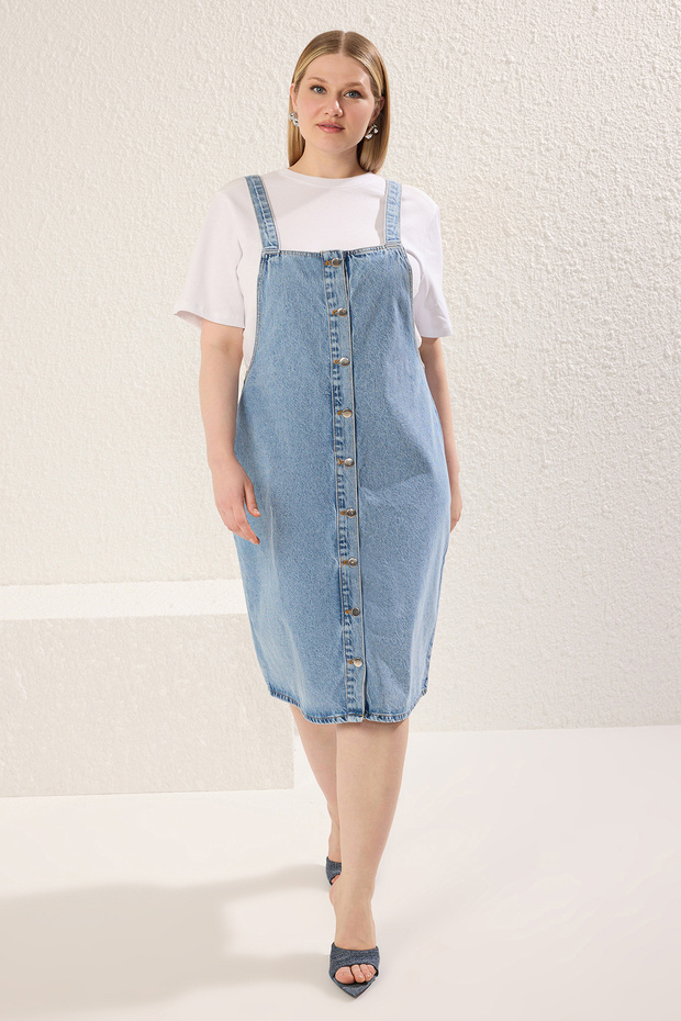 Mavi Önü Düğmeli Askılı %100 Pamuk Non-Stretch Denim Büyük Beden Elbise TBBSS25AH00095 - 1