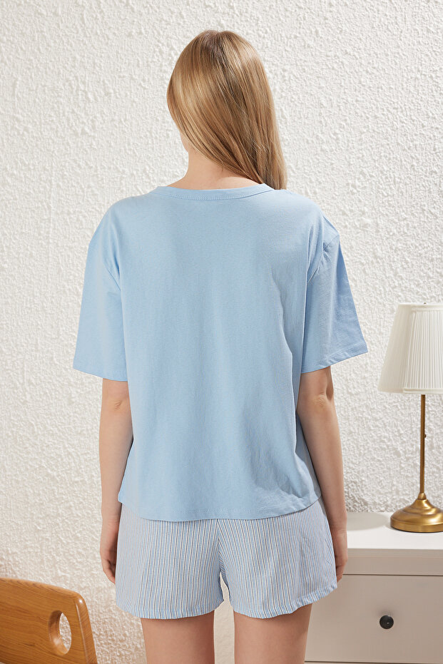 Mavi %100 Pamuklu Çizgili Sloganlı Şortlu Örme Pijama Takımı THMSS25PT00180 - 6