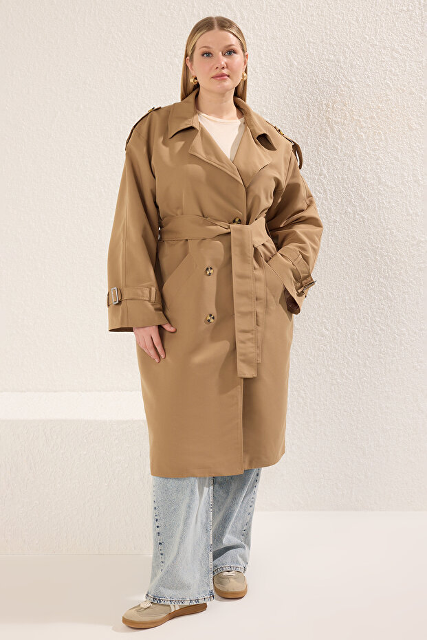 Bej Uzun Oversize Büyük Beden Trençkot TBBSS25BM00002 - 2