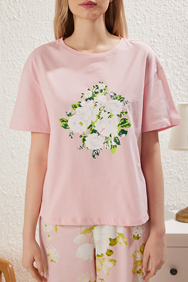 Pembe %100 Pamuklu Çiçekli Örme Pijama Takımı THMSS25PT00061 - 3