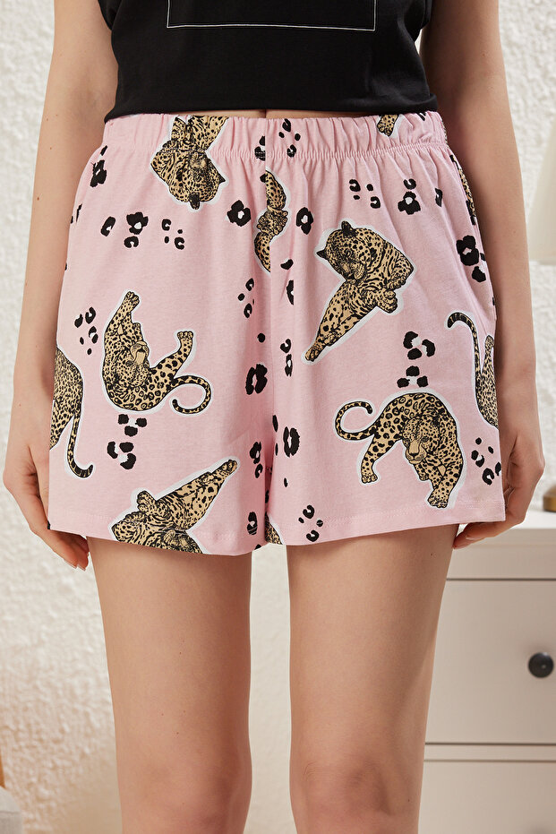Siyah %100 Pamuklu Hayvan Desenli Sloganlı Şortlu Örme Pijama Takımı THMSS25PT00171 - 5