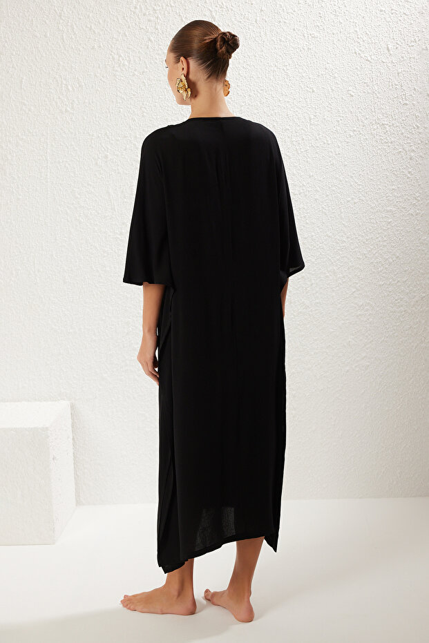 Siyah Dokuma Maxi Plaj Elbise TBESS25EL00013 - 5