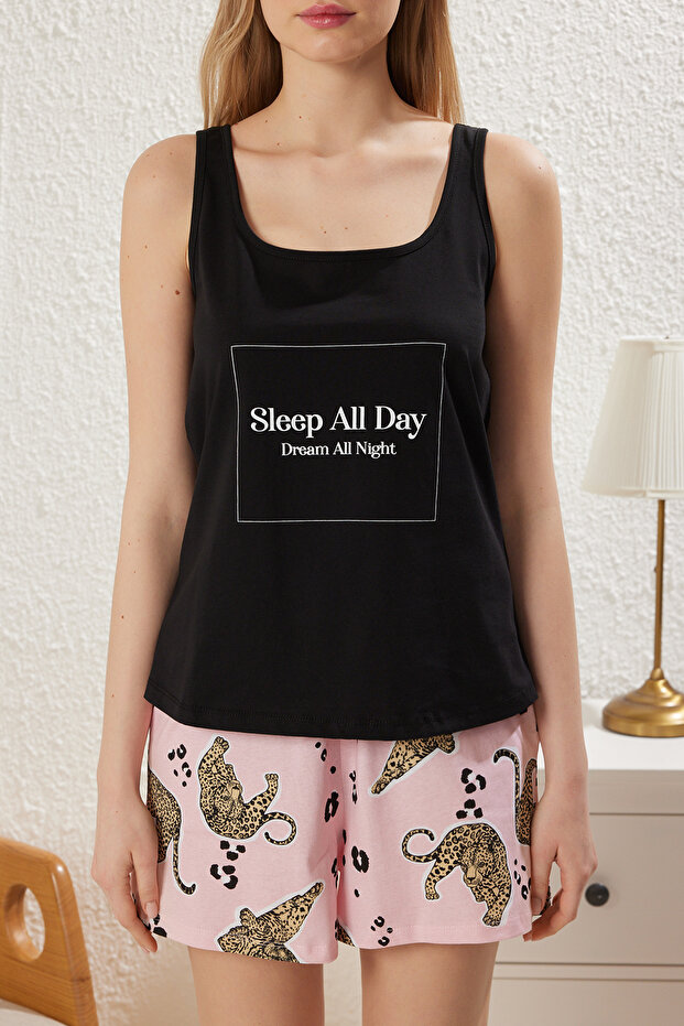 Siyah %100 Pamuklu Hayvan Desenli Sloganlı Şortlu Örme Pijama Takımı THMSS25PT00171 - 3