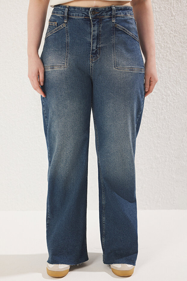 Koyu Mavi Yüksek Bel Geniş Paça Comfort/Orta Esnek Büyük Beden Wide Leg Jeans TBBSS25CJ00013 - 3