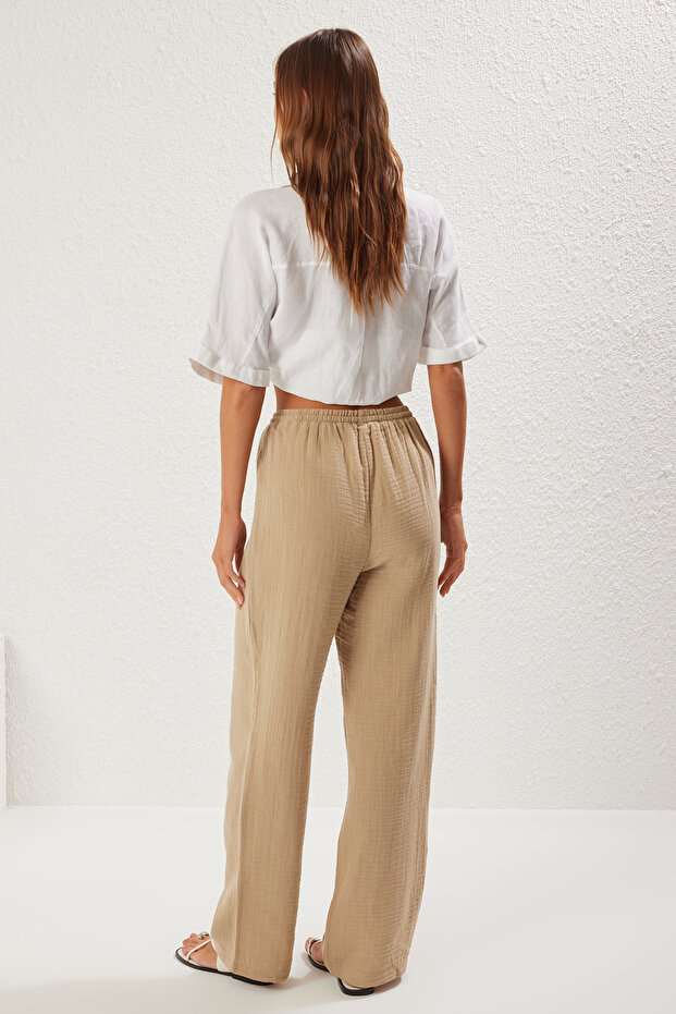 Vizon Müslin Beli Lastikli İnce Kumaş Wide Leg/Geniş Paça Dokuma Pantolon TWOSS25PL00067 - 5