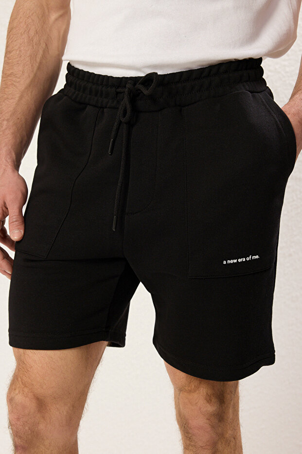 Siyah Regular/Normal Kesim Yazı Baskılı Şort&Bermuda TMNSS24SR00056 - 5