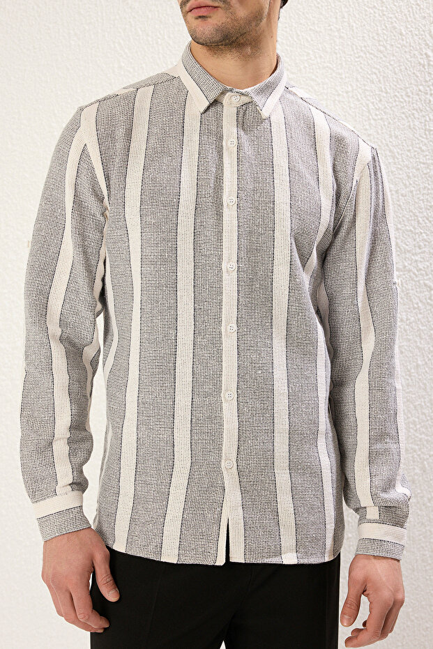 Siyah Regular Fit Düşük Omuz Çizgili Etamin Dokulu Yazlık Gömlek TMNSS25GO00029 - 5