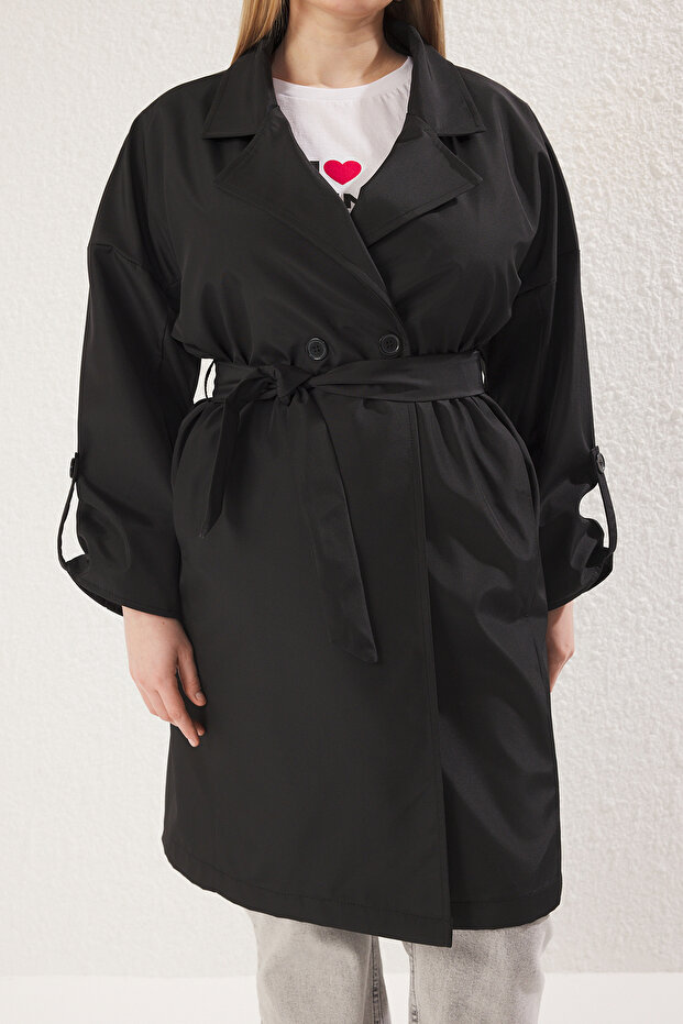 Wodoodporny, długi płaszcz oversize z paskiem, czarny TWOAW24TR00019 - 8