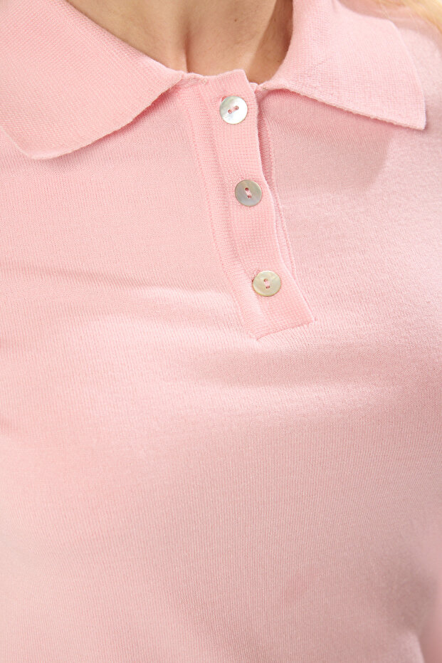 Pembe Polo Yaka Premium İplik / Özel İplik Triko Bluz TWOSS25BZ00184 - 4