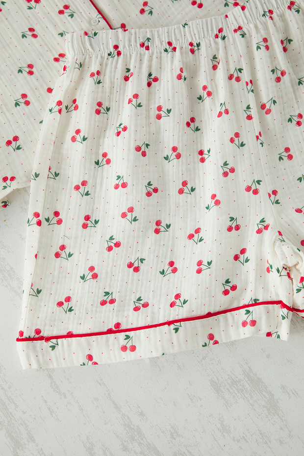 Ecru cseresznye mintás muszlin szőtt pizsama szett TBBSS25AI00029 - 3