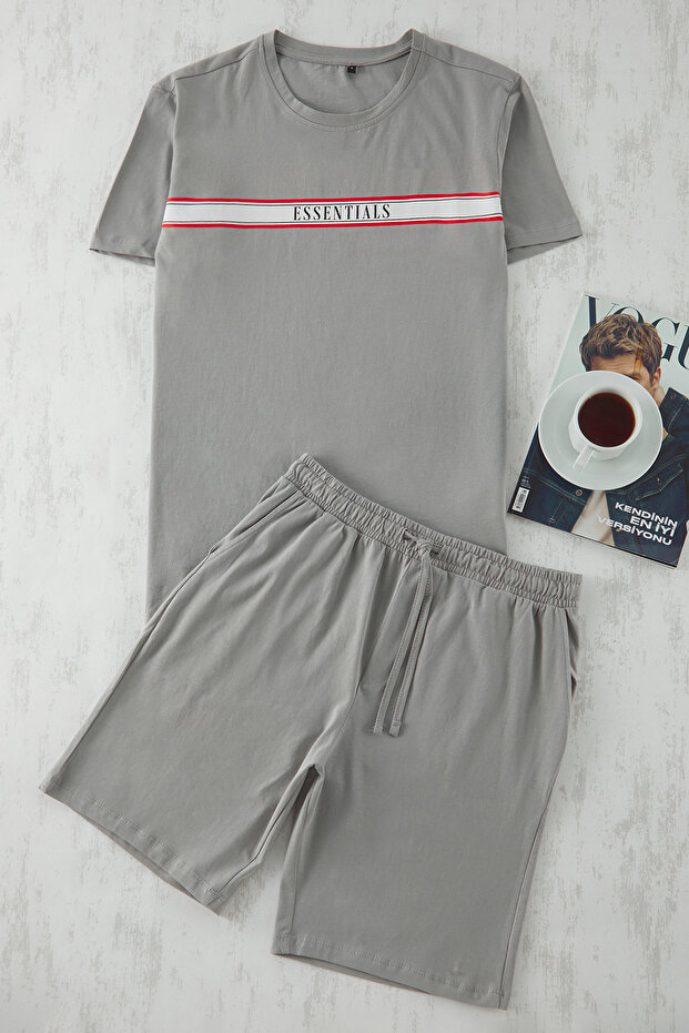 Gri Regular Fit Baskılı Şortlu Örme Pijama Takımı TMNSS25PT00016 - 5