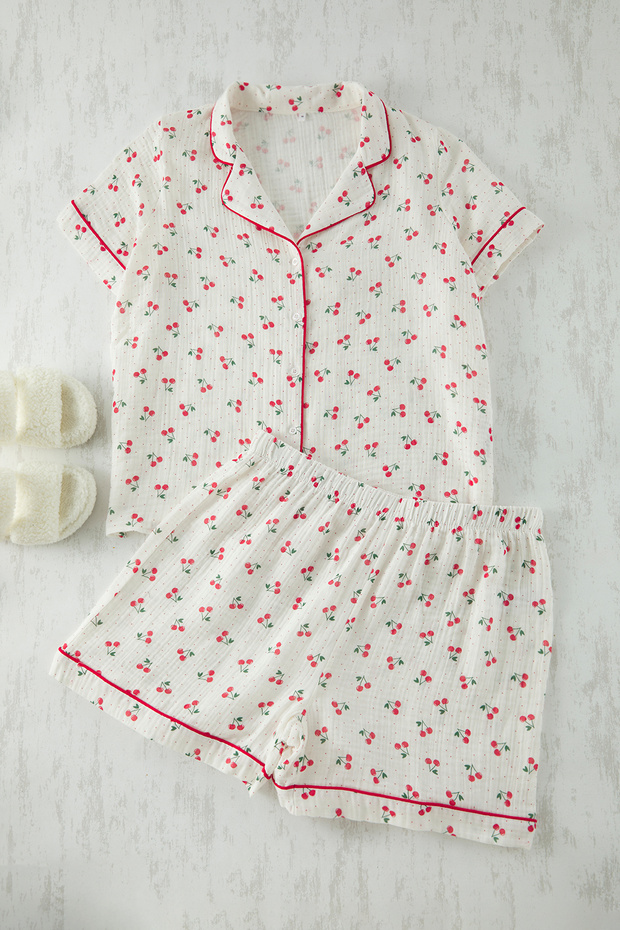 Ecru cseresznye mintás muszlin szőtt pizsama szett TBBSS25AI00029 - 2