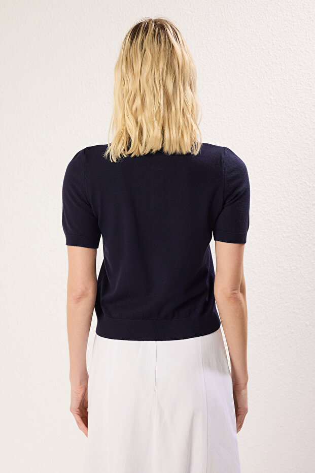 Lacivert Premium İplik/Özel İplik Polo Yaka Triko Bluz TWOSS25BZ00184 - 5