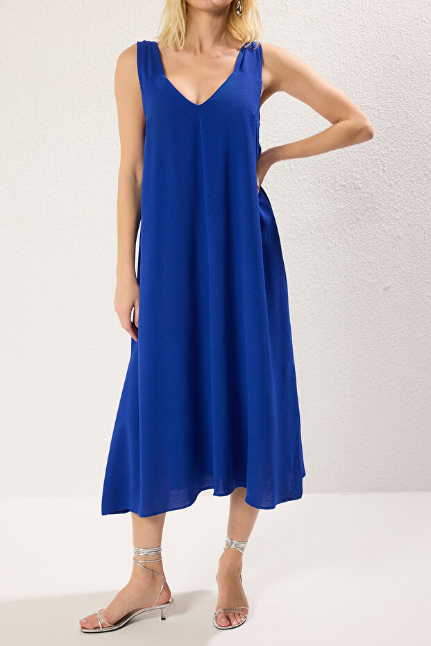 Saks Rahat Kesim V Yaka Midi Dokuma Elbise TWOSS23EL00882 - 4