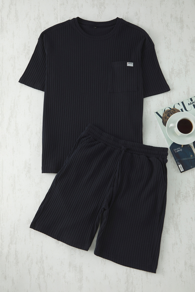 Lacivert Oversize Fit Fitilli Örme Şortlu Pijama Takımı TMNSS25PT00030 - 2