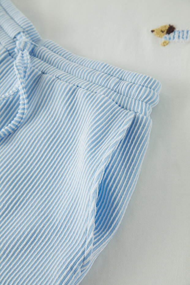 Mavi Unisex Ekru Regular Fit Köpek Nakışlı Çizgili Örme Pijama Takımı TMNSS25PT00007 - 6