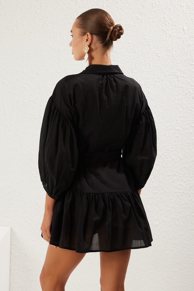 Czarna Mini Sukienka Plażowa z Rękawami Balonowymi - Tbess25El00034 - 5